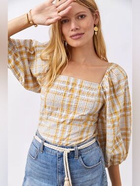 Anthropologie Maeve Plaid Square Neck Puff Sleeve Blouse Yellow M